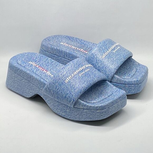 Alexander Wang Float Denim Print Leather Platform Sandals size 38 - Picture 1 of 11